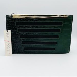 NWT Sole Society Green Snake Animal Envelope Clutch with Gold Trim